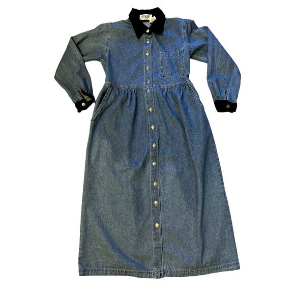 Vintage Elements Spiegel Blue Denim Dress Sz 2P Black Velvet Trim Cotton USA L/S - Picture 4 of 13